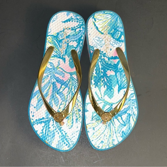 Lilly Pulitzer Multicolor Floral Gold Strap Flip Flops Sandals Womens Size 8 - Picture 5 of 12